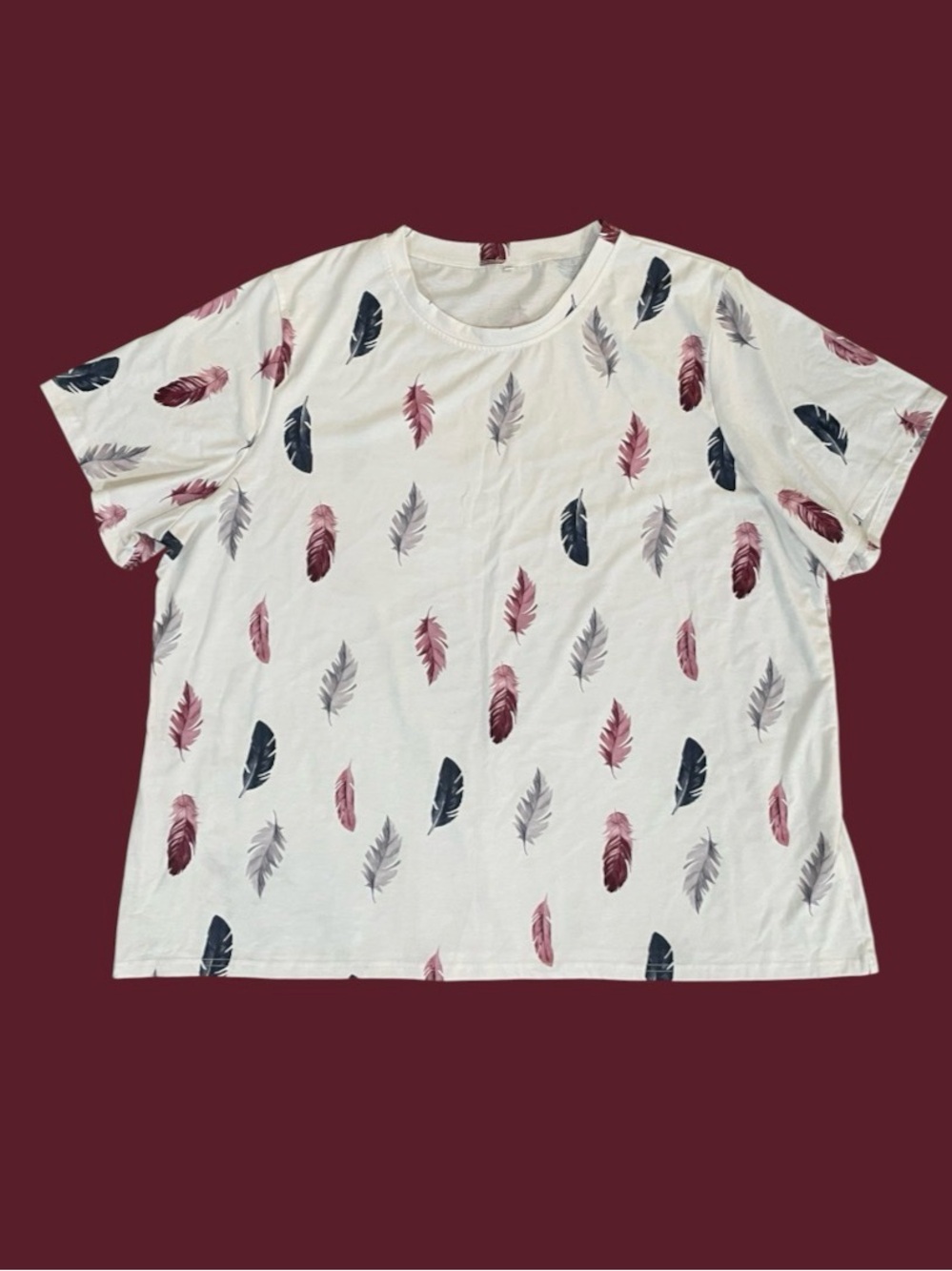 Feather Print Short Sleeve Tee - White with Pink, Gray, & Navy Feathers